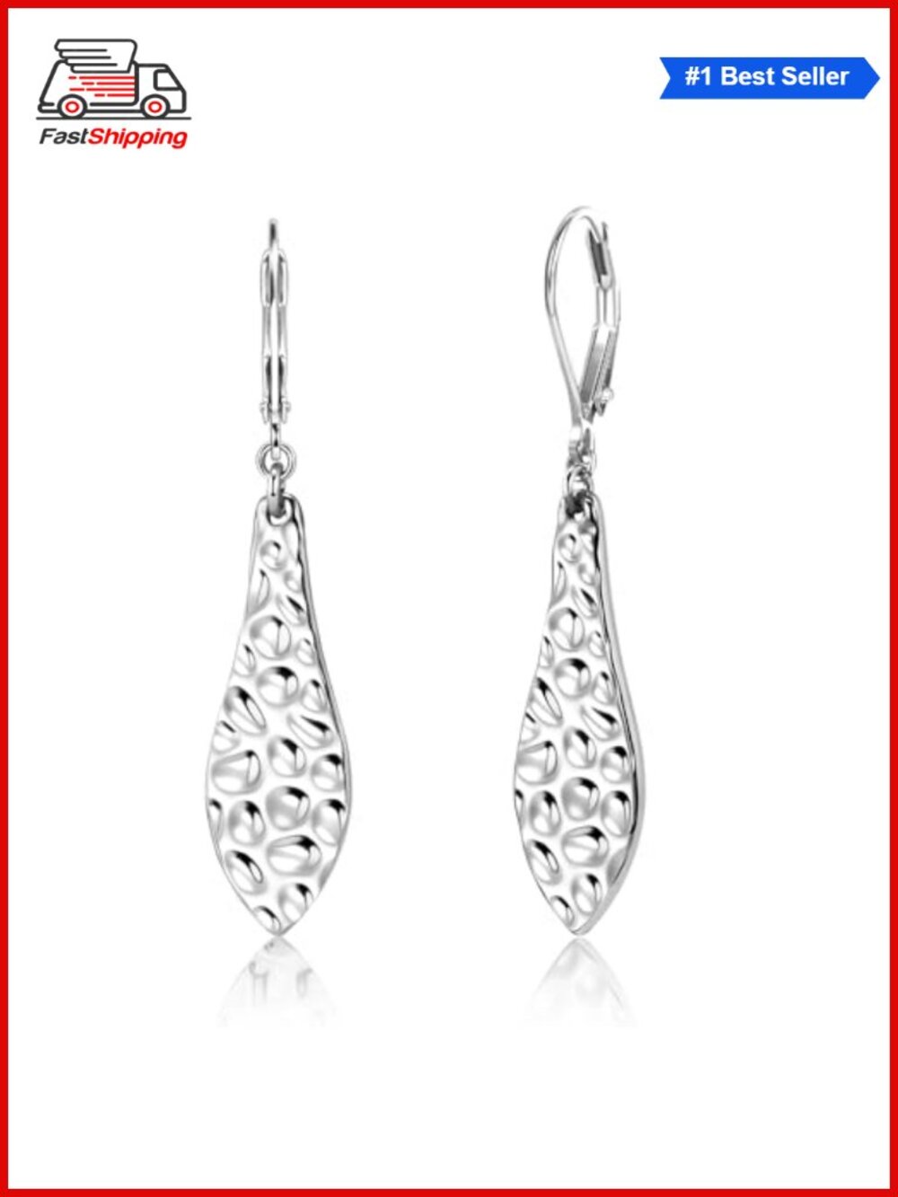โจ Hammered Teardrop Dangle Leverback Earrings for Women 925 Sterling Silver